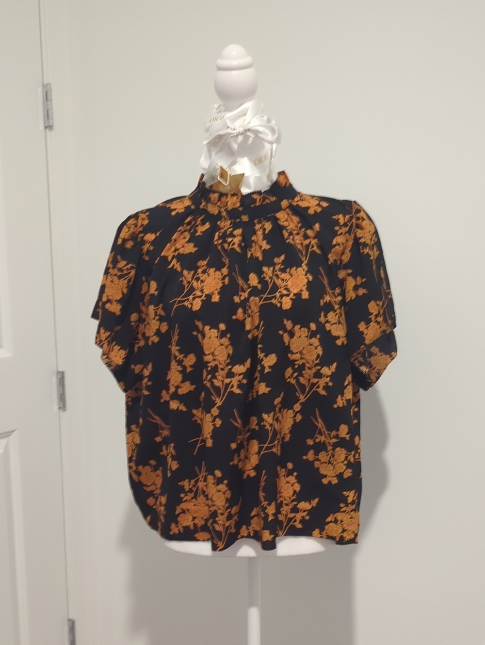 THML Black Short-Sleeve Button-Down with Mustard Floral Print